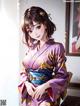 A woman in a purple kimono sitting on a chair.