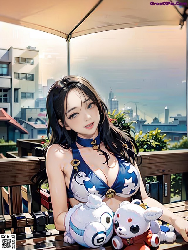 A woman in a bikini sitting on a balcony with a teddy bear.