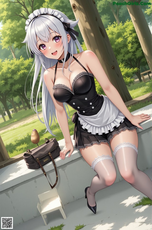 A woman in a maid outfit posing for a picture.