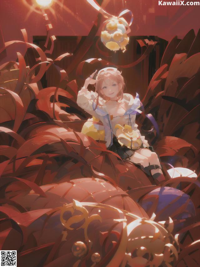 A girl sitting on top of a pile of red leaves.