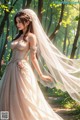 A woman in a wedding dress standing in the woods.