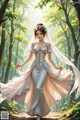 A woman in a wedding dress walking through a forest.