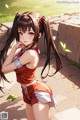 Anime girl with long brown hair wearing a red top and shorts.