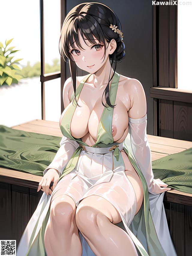 A woman in a white dress sitting on a bed.