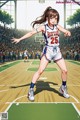 A woman in a basketball uniform standing on a basketball court.