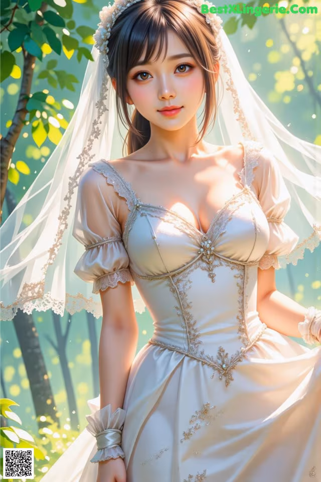A woman in a wedding dress standing in the woods.